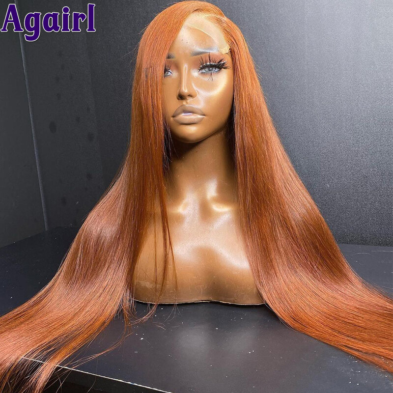 Perucas do cabelo humano com frontal transparente do laço, mistura, gengibre e cobre, marrom, onda do corpo, reto, Ombre, laranja, 13x6