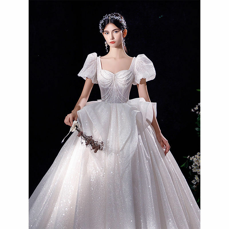 Luksusowa suknia balowa suknia ślubna brokat błyszczące cekiny perły bufiaste rękawy suknia ślubna typu princeska szata De Mariée długi Vestido