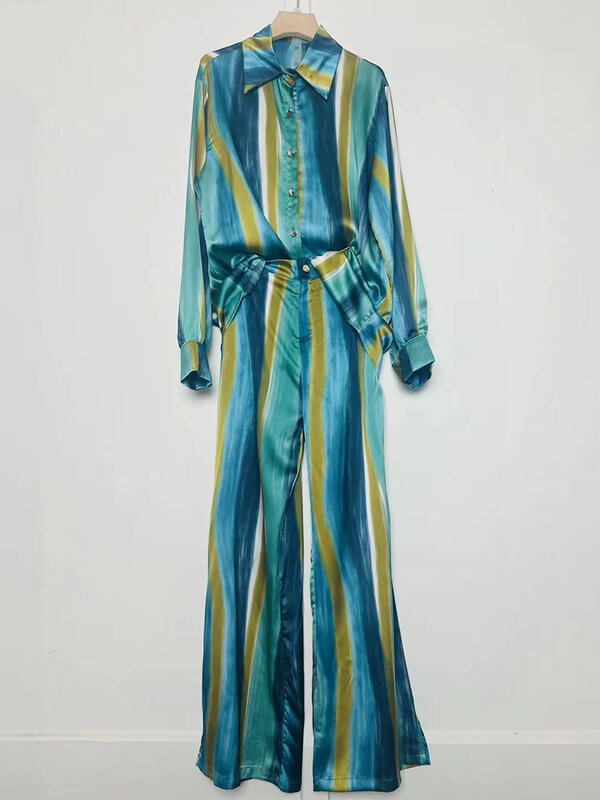 Conjunto de dos piezas para mujer, camisa holgada con solapa y estampado geométrico Vintage, pantalones de pierna ancha de cintura alta, novedad de primavera 2024