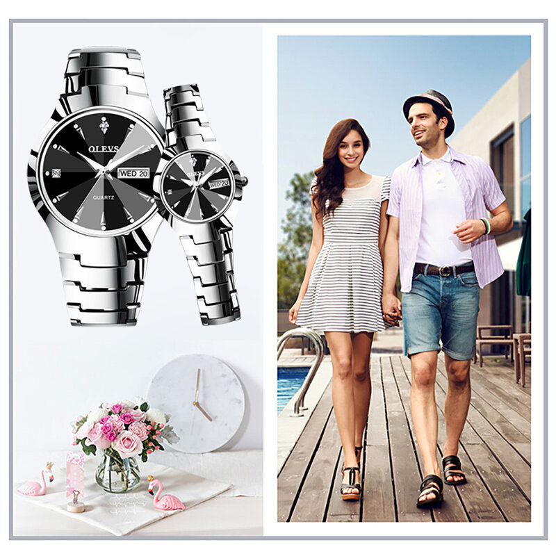 OLEVS-패션 남성 여성 시계, 커플 아이템, 연인용 텅스텐 스틸 쿼츠 날짜 시계, 방수 그의 그녀의 시계, Reloj