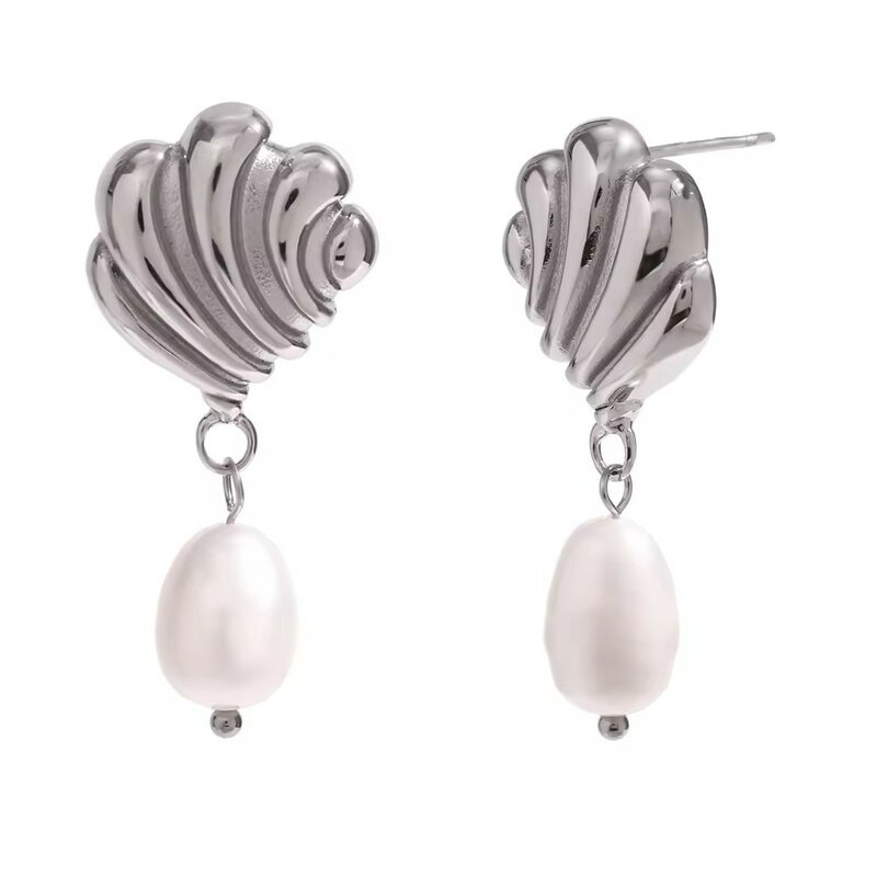 2024 Fresh Water Pearl Drop Earrings Sea Shell Design Stud Earrings Stainless Steel Jewelry