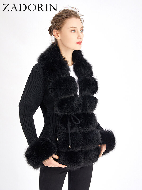 Zadorin-女性用の白いニットの毛皮のコート,冬用の豪華なセーター,取り外し可能な襟付きのフェイクファージャケット,ピンク