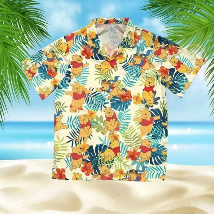 Гавайская рубашка с принтом Винни-Пуха, мужская рубашка с короткими рукавами и пуговицами в стиле Диснея, модная пляжная футболка с короткими рукавами
