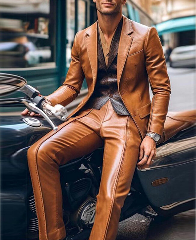Костюм мужской облегающий из блейзера и брюк, куртка из искусственной кожи с контрастной отделкой, с вырезом на лацканах, деловой повседневный костюм для выпускного вечера, Moto style, 2 шт.