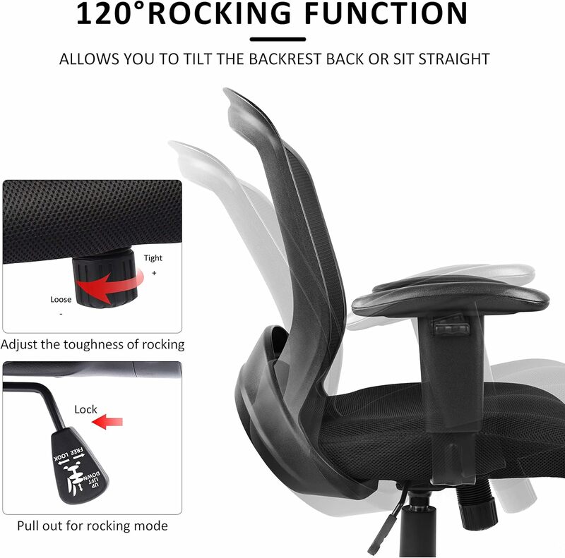 HYLONE-Office Computer Desk Chair, Mesh Task Chair, giratória, braços ajustáveis, apoio lombar, altura ajustável, Rocking