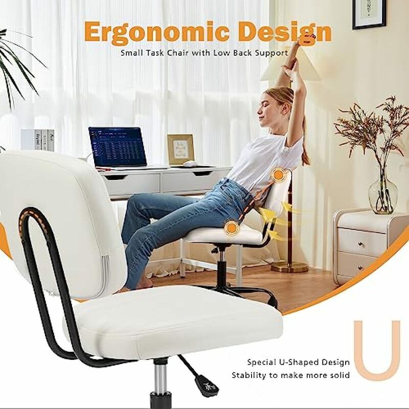 Small Office Desk Chair with Wheels Armless Comfy Computer Chair with Lumbar Support, PU Leather Low Back Adjustable Height