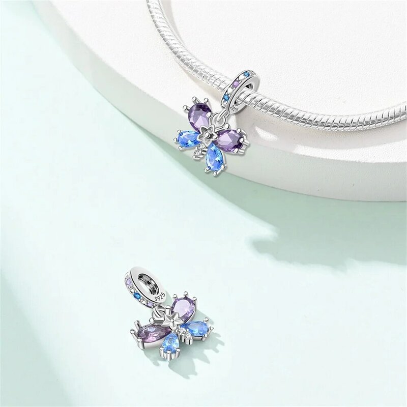 Klasik 925 perak murni biru ungu bunga fantasi kupu-kupu jimat cocok gelang Pandora Aksesori Perhiasan pernikahan wanita