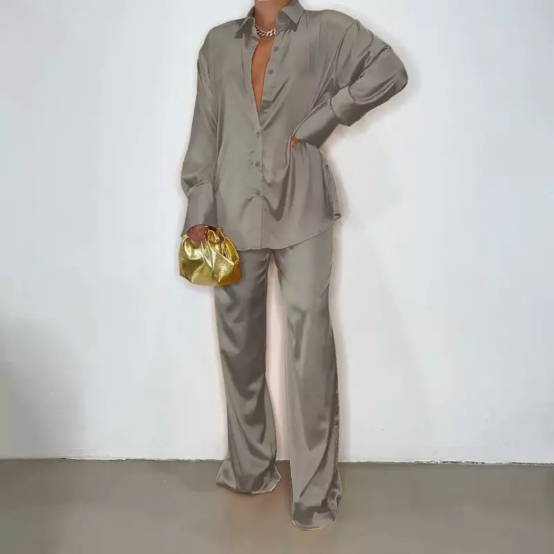 女性のためのエレガントなサテンのマッチングセット,カジュアルな長袖シャツ,ストレートパンツ,十分な無地,2ピースの衣装,2024
