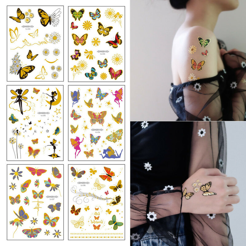 6 fogli impermeabili stampaggio oro unicorno sirena farfalla tatuaggi adesivi tatuaggio temporaneo Flash tatuaggi usa e getta del fumetto