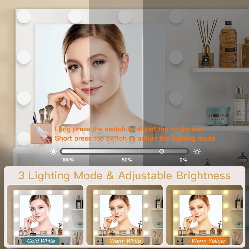 Makeup Vanity Desk with Mirror & Lights, Vanity Desk with 5 Drawers & Storage Shelves White Vanity Table