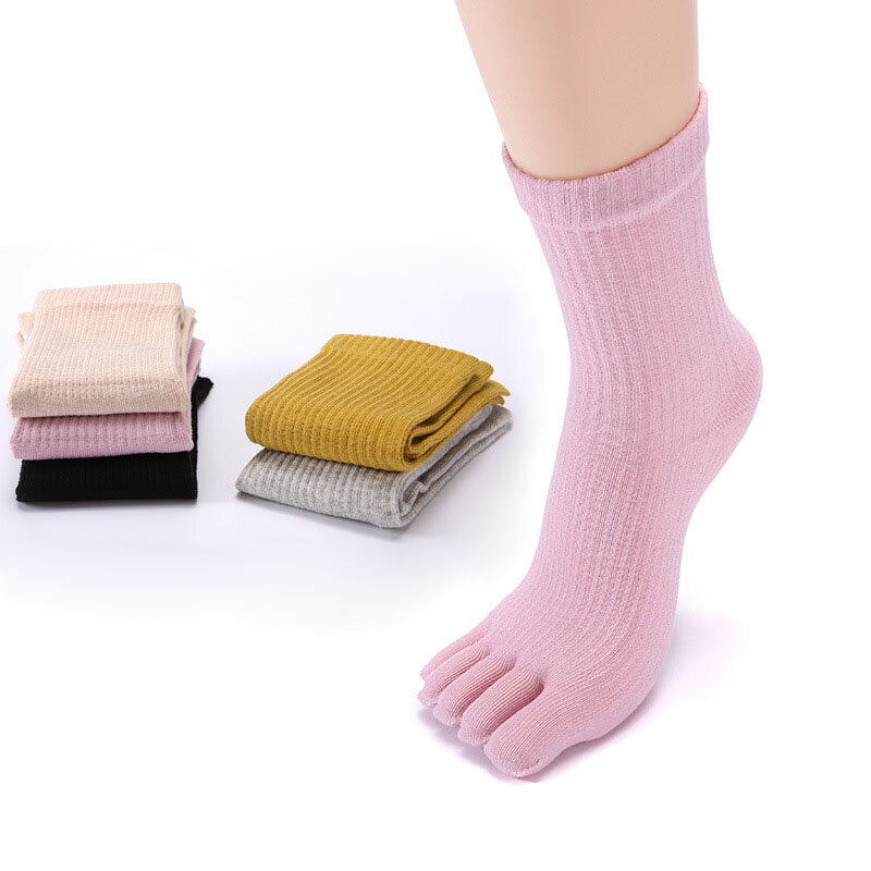 Meia de compressão de cinco dedos para mulheres, meias esportivas de algodão, bifurcação, meias de viagem com dedos, cor sólida, 5 pares