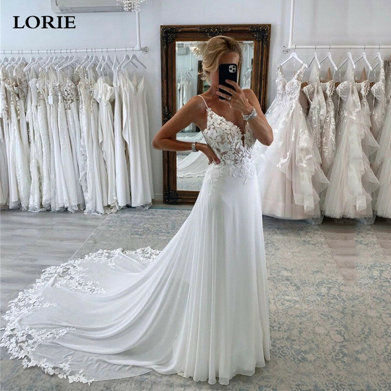 LORIE Boho ชุดแต่งงาน V คอ Spathetti สายรัดสายชุดเจ้าสาวความยาวชั้นชีฟอง Gowns แต่งงาน2023