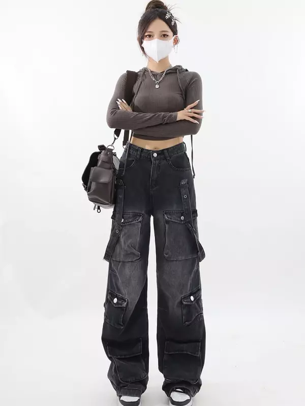กางเกงยีนส์แบบกอธิคใหม่ชุดเอี๊ยมสีดำย้อนยุคกางเกงขาบานแบบลำลองแนวสตรีท Y2K สำหรับผู้หญิงกางเกงยีนส์เอวสูงทรงตรงคาวบอย