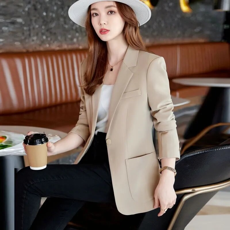 Jaket Blazer lengan panjang wanita, jaket Blazer kantor ramping dengan kancing tunggal gaya Korea musim gugur 2024 untuk wanita