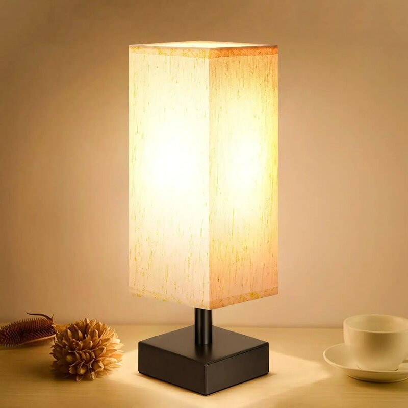 Bedside Lamps for Nightstand, Minimalist Night Stand Light Lamp with Square Fabric Shade, Desk Reading Lamp for Kids Room