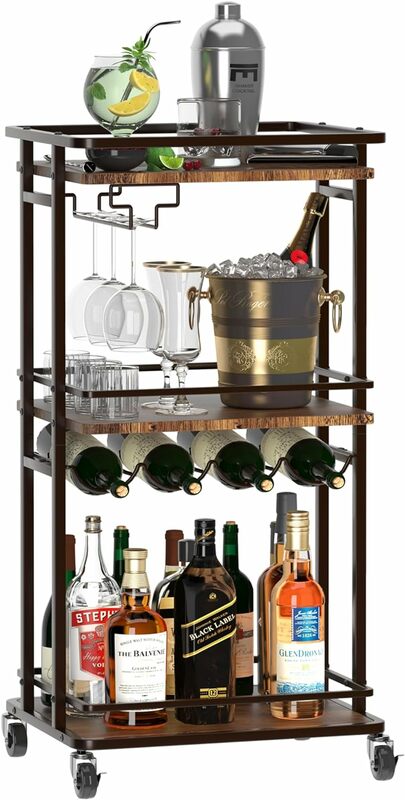 Lemari Bar, bergulir dengan rak anggur dan rak kaca, digunakan untuk jamuan, dapur ruang tamu, Kabinet Bar seluler