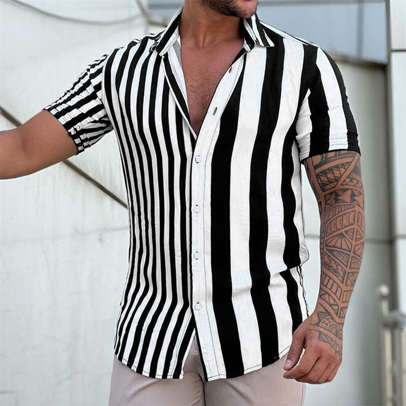 줄무늬 프린트 반팔 턴다운 칼라 슬림 하와이안 셔츠 가디건, 레트로 트렌드 셔츠, 캐주얼 남성 의류, 여름 신상