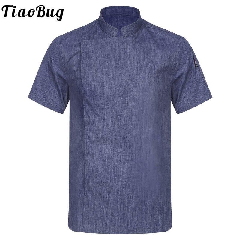 Mens Womens Chef Jackets Stand Collar Short Sleeve Chef Coat Solid Kitchen Uniform for Cafe Bakery Western Restaurant Hotel
