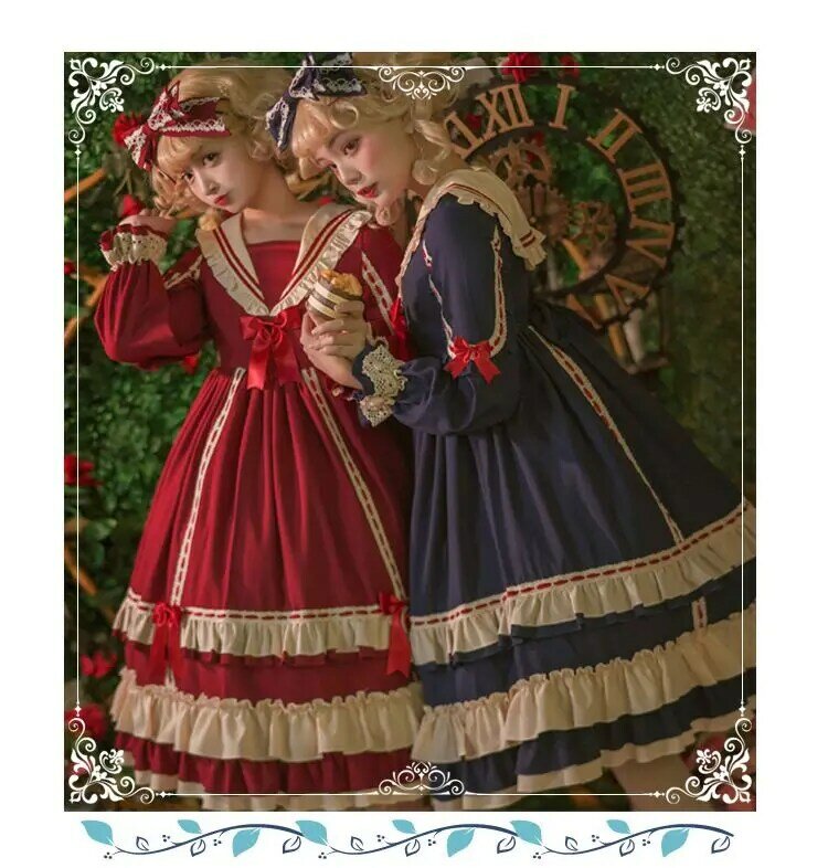 Elegant Christmas OP Long Sleeve Lolita Dress Soft Sisters High Waist Ruffles Vintage Sweet Bow Party Court Vintage Dress