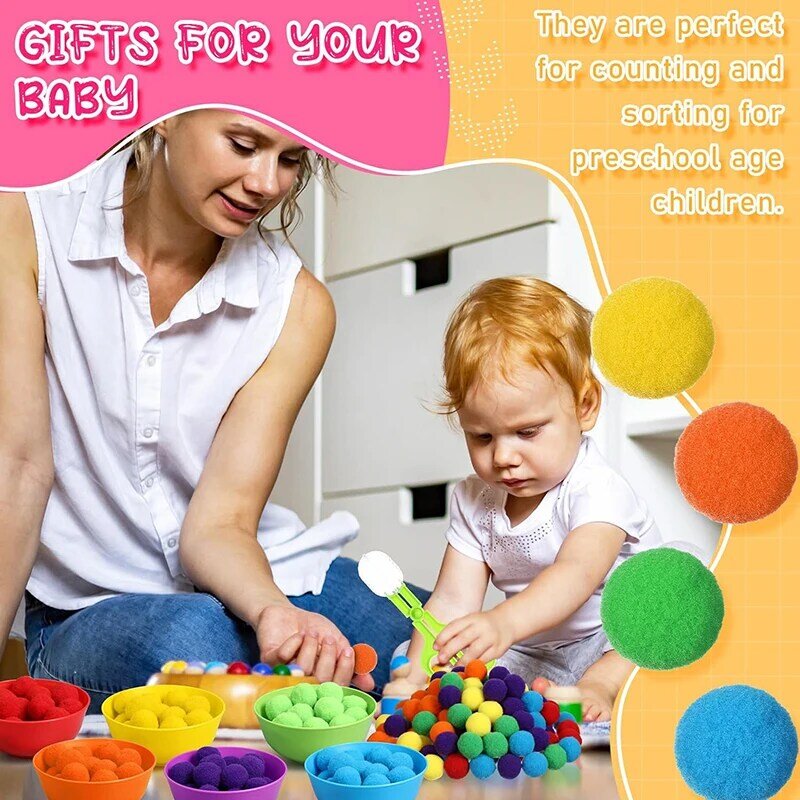 Contando e classificando brinquedos para crianças, tigelas de plástico com 2 pinças, brinquedos de aprendizagem motora fina, 6 cores do arco-íris, 60 pom poms