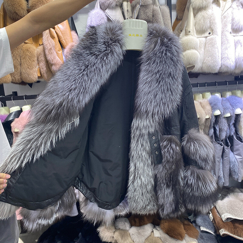 حقيقي 2023 معطف فرو الثعلب الفضي للنساء معطف الفرو الطبيعي من الجلد الكوري ملابس الشارع الشهير سترات نسائية كبيرة الحجم