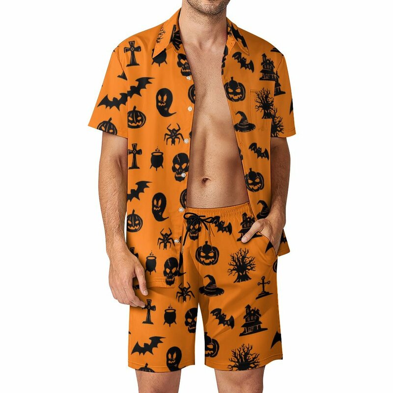 Happy Spots Männer setzt Halloween Print Casual Shorts Sommer Retro Urlaub Shirt Set Kurzarm übergroßen Anzug Geschenk idee