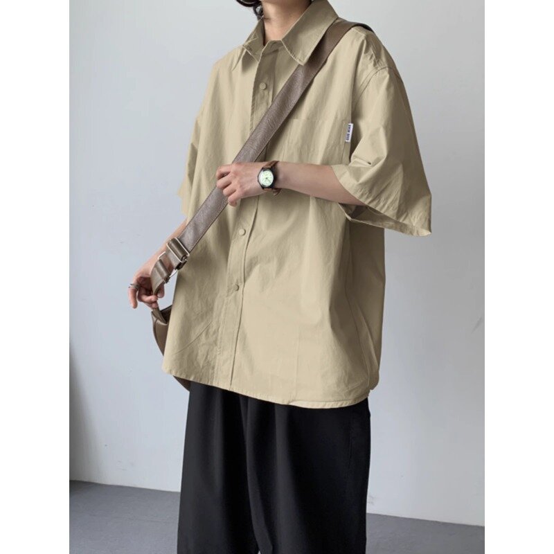 Summer Men's Shirts Short Sleeve Loose Ins Japanese Retro Solid Color Shirts Mens 2024 Casual Top Lapel Button Men Shirt Jacket