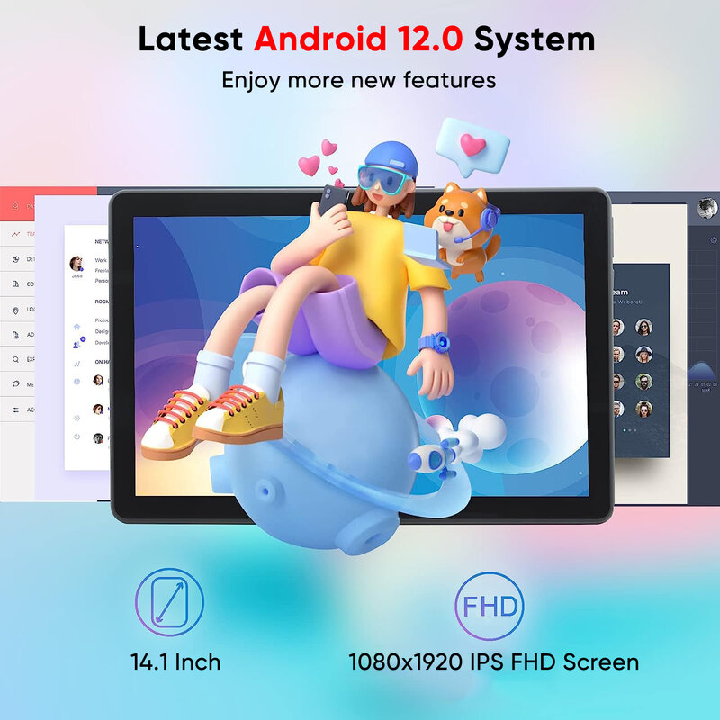 Tablet de tela grande Android 12 OS para crianças, IPS, Bluetooth, WiFi, Pad, Educação, Lápis, Livre, 12GB + 256GB, 1920x1080, 14"