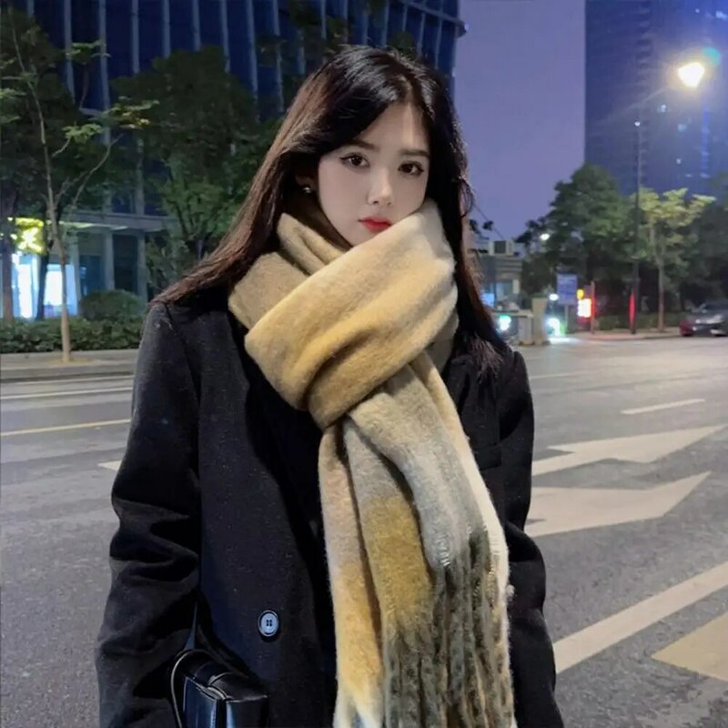 Saturated Color Scarf Stylish Women's Winter Scarf Thick Warm Windproof Shawl with Twisted Tassel Detailing Neck Protection