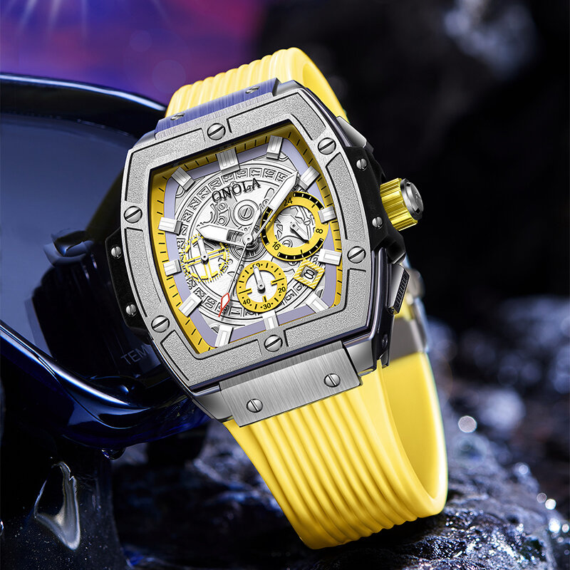 ONOLA tonneau square big quartz watch man lumious chronograph wristwatch fashion casual style luxury man watch relogio masculino