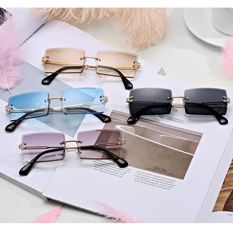 Kacamata Hitam Persegi Panjang Tanpa Bingkai Baru untuk Wanita Gaya Kotak Tanpa Bingkai Trendi untuk Pria Kacamata Ultra Ringan UV400 Uniseks