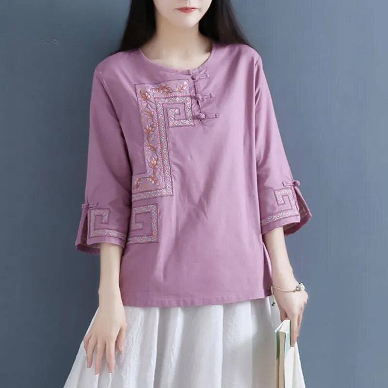 Miiiix 2024 primavera/estate nuova camicia di lino con bottoni Vintage Top camicie ricamate girocollo cinesi da donna abbigliamento femminile