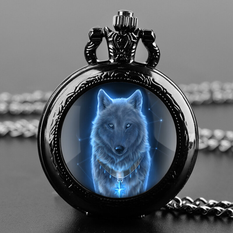 Cool Blue Wolf Design Classic Vintage orologio da tasca al quarzo uomo donna collana con ciondolo in argento nero catena orologio gioielli regali per bambini