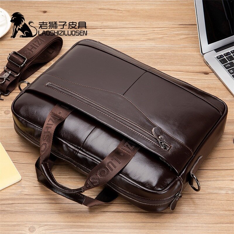 LAOSHIZI NEW Men's Briefcase Male Genuine Leather Men Bags Messenger Bag Leather Laptop Bag for Men Computer/ Document Bags