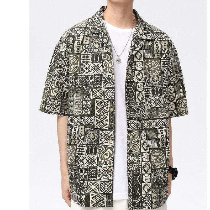 Summer New Turn-down Collar Fashion Short Sleeve Shirt Man High Street Casual Loose Button Cardigan Y2K Printing All-match Tops