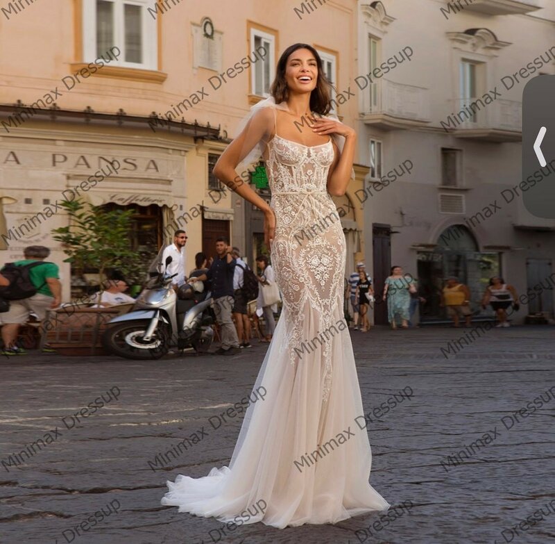 Unikalne koronkowe aplikacje Meramaid suknia ślubna seksowne siateczkowe długie suknie ślubne bez rękawów zobaczyć przez kwiaty tiulowe sukienki na studniówkę