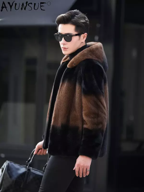 AYUNSUE-casaco com capuz de pele real masculino, jaqueta de vison luxuosa, casacos casuais, inverno, 2023