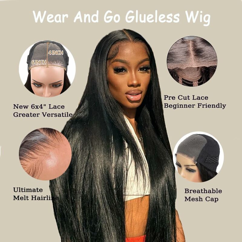 Wear and Go-Perruques de cheveux humains sans colle, pré-plumées, droites, fermeture en dentelle HD, 6x4, 13x6, sans colle