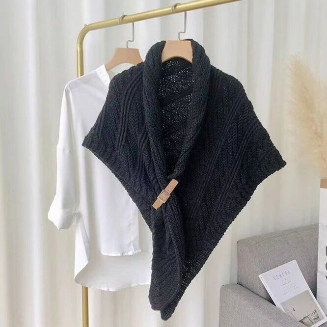 Mode Koreaanse Versie Lente Herfst Lederen Gesp Sjaal Vork Driehoekige Cape Dames Gebreide Sjaal Meisje Slabbetje Sjaal