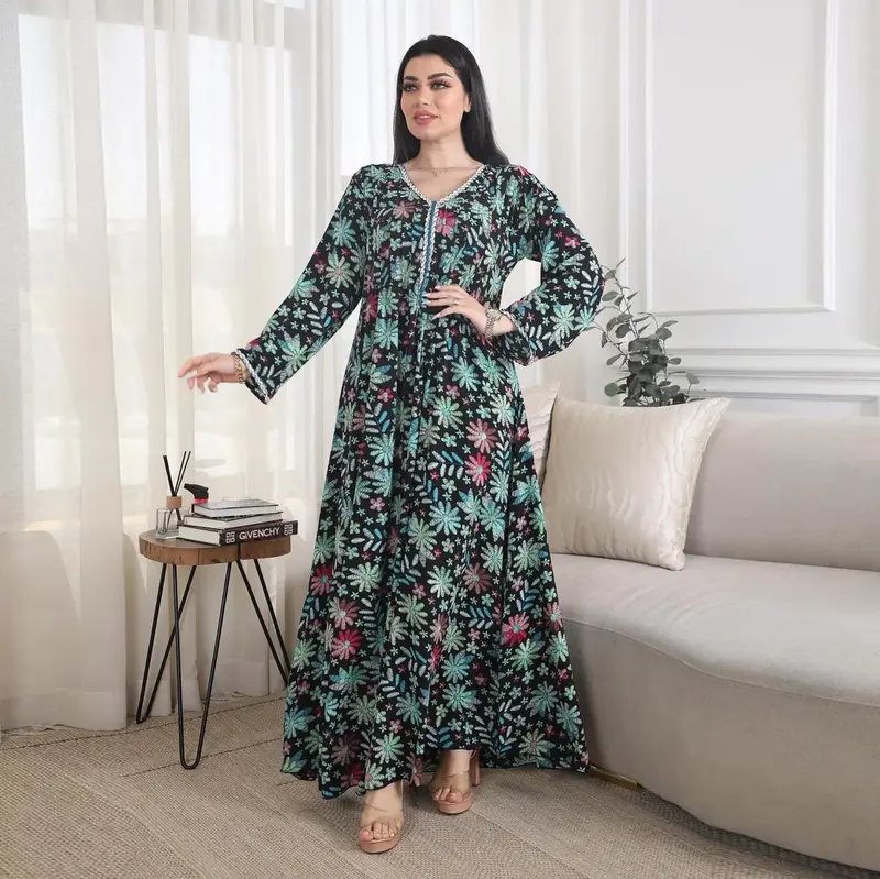 Handgeperst Diamant Moslim Mode Print Bloem Maxi Jurk Avondfeest Grote Maat Jurken Voor Vrouwen Kaftan Femme Musulman