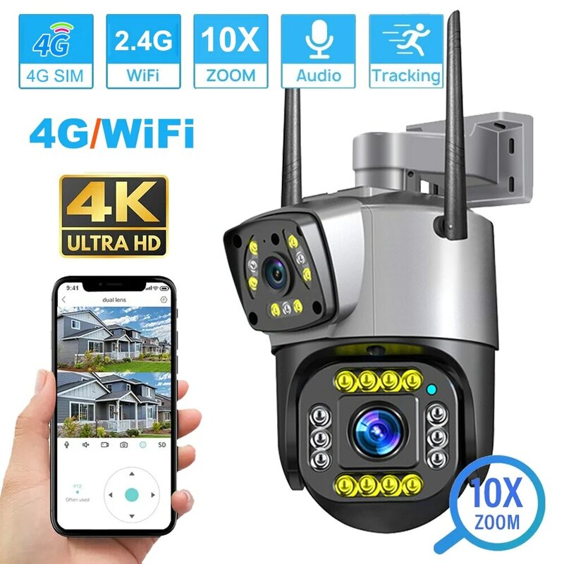 Двойная Линза 4G IP камера WiFi 8MP 4K камеры наблюдения беспроводная уличная умная домашняя камера ночного видения V380 цифровой зум CCTV Camara