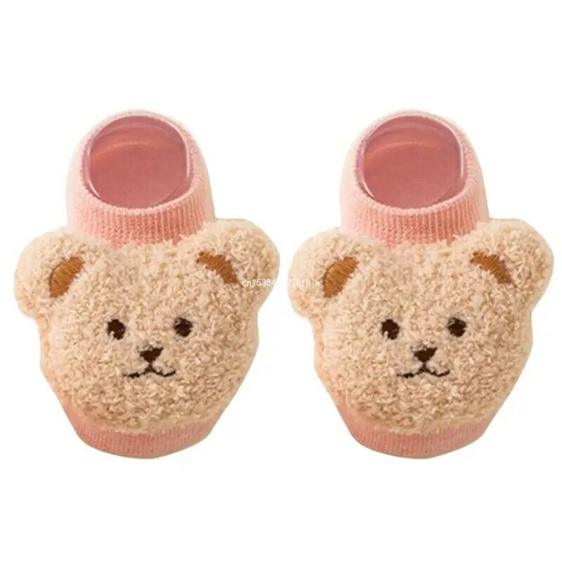 Par calcetines tobilleros con agarre algodón, calcetines con patrón oso, calcetines transpirables para niño/