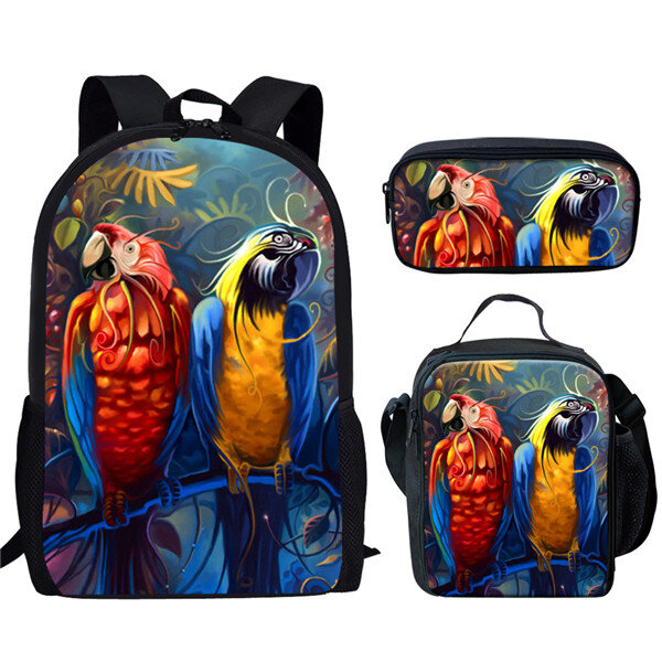 3Pcs/Set Animal Bird Parrot Pattern School Bag for Boys Girls Kids Casual Backpack Student Book Bag with Lunch Bag Pencil Bag