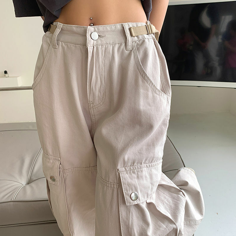 Женские прямые брюки-карго, уличные брюки в стиле ретро с завышенной талией, простой дизайн, весна 2022
