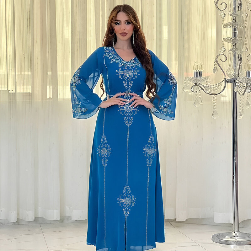 Polyester Moslim Abaya Voor Vrouwen Zomer Elegant Oranje Blauw Roze Groene Moslim Vrouwen Lange Mouw V-Hals Polyester Lange Abaya