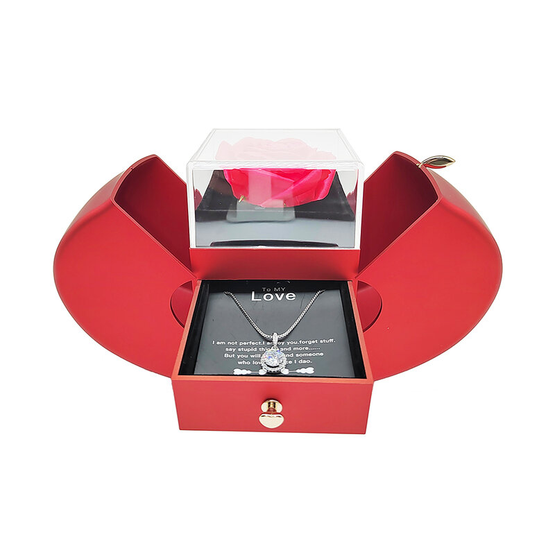 ของขวัญวันวาเลนไทน์สำหรับแฟนสาวสร้อยคอกล่องเก็บเครื่องประดับ Apple สีแดงกุหลาบนิรันดร์สำหรับสาววันแม่ kado ulang tahun แต่งงาน
