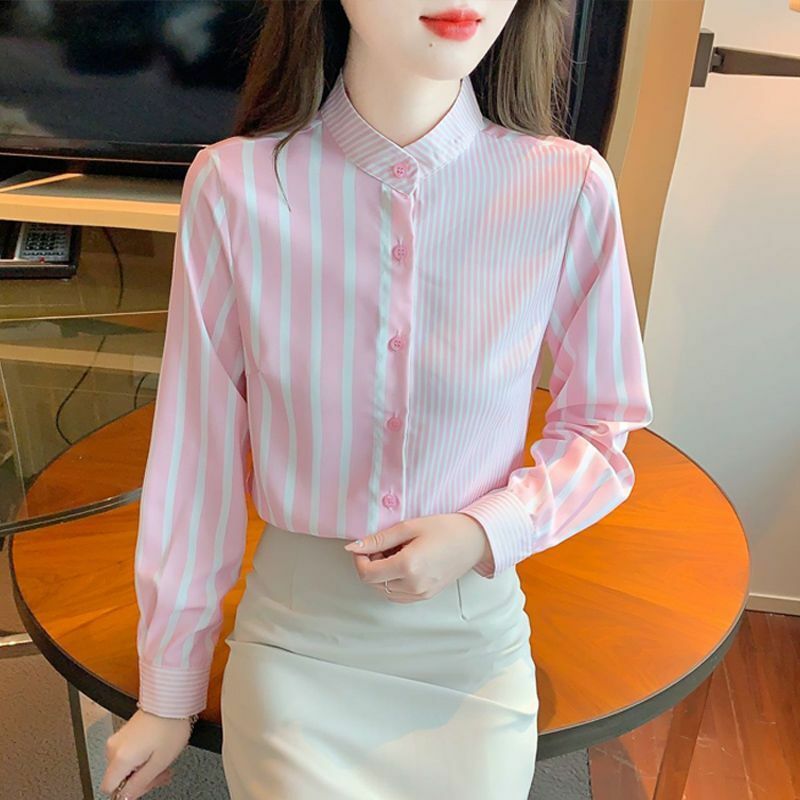 เสื้อพิมพ์ลายทาง MODE Korea ของผู้หญิงเสื้อเบลาส์คอตั้งหวานหรูหราแขนยาวลำลองเสื้อ2024ฤดูใบไม้ผลิ