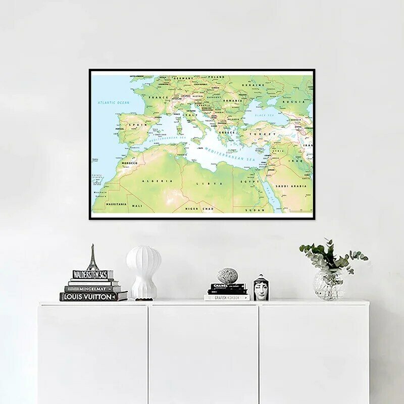 225x150cm peta laut Mediterania lukisan topografis non-tenun Poster seni dinding perlengkapan sekolah dekorasi kelas