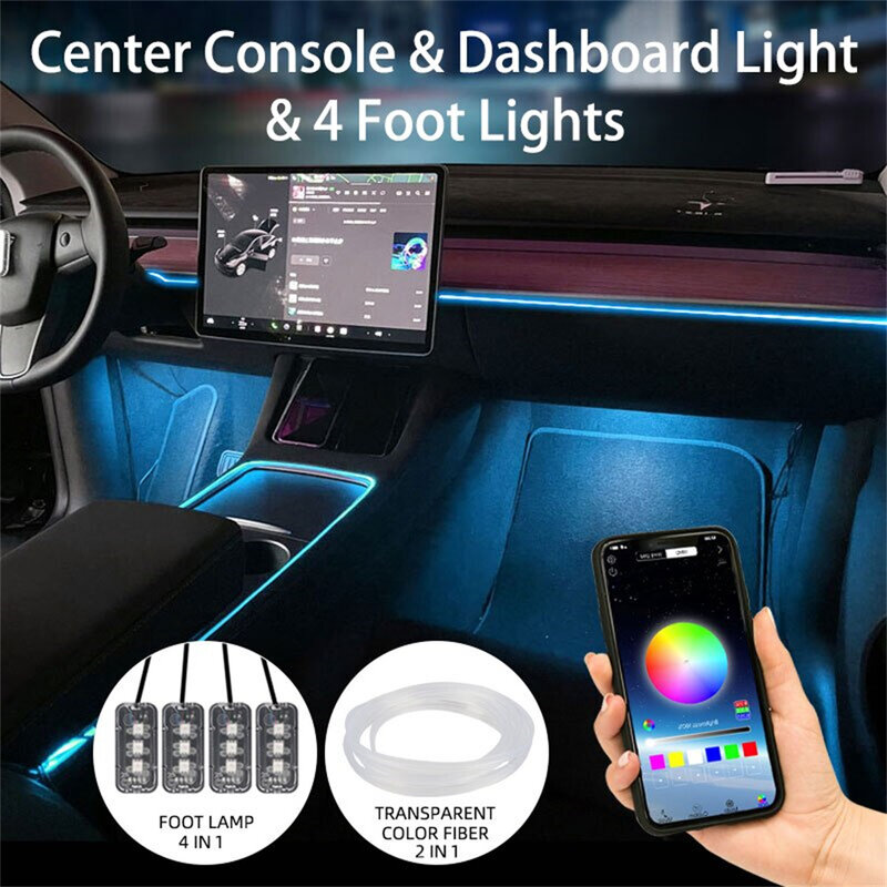 테슬라 센터 콘솔 대시 보드 네온 라이트 튜브, 모델 3, 모델 Y용, 2019-2023 RGB 인테리어 LED 스트립 조명, 앱 컨트롤러 포함