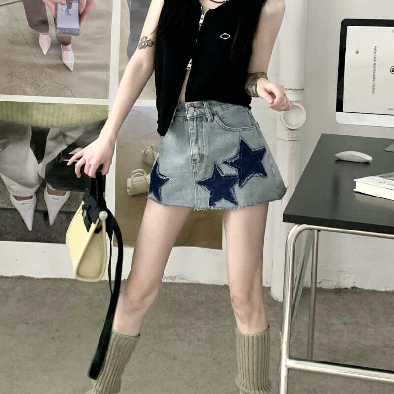 Deeptown Denim Vintage kobiety Mini spódniczka Sexy gwiazdy Retro Y2k krótkie spódniczki Harajuku casualowe w stylu Streetwear koreańska spódnica w stylu koreańskim